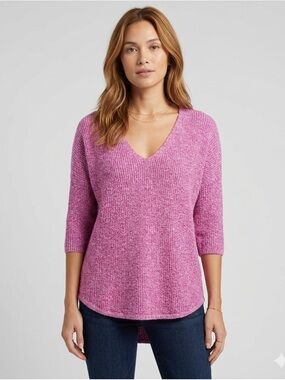 Express Pink White Marled Sweater Women’s Large V-Neck Knit 1/2 Sleeve Top Y2K